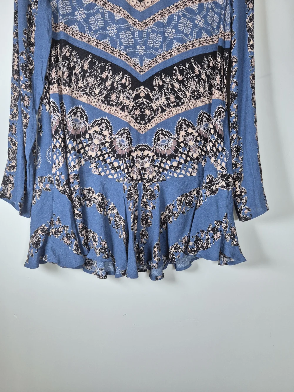 Free People Blue Printed Long Sleeve Backless Fit & Flare Dress S